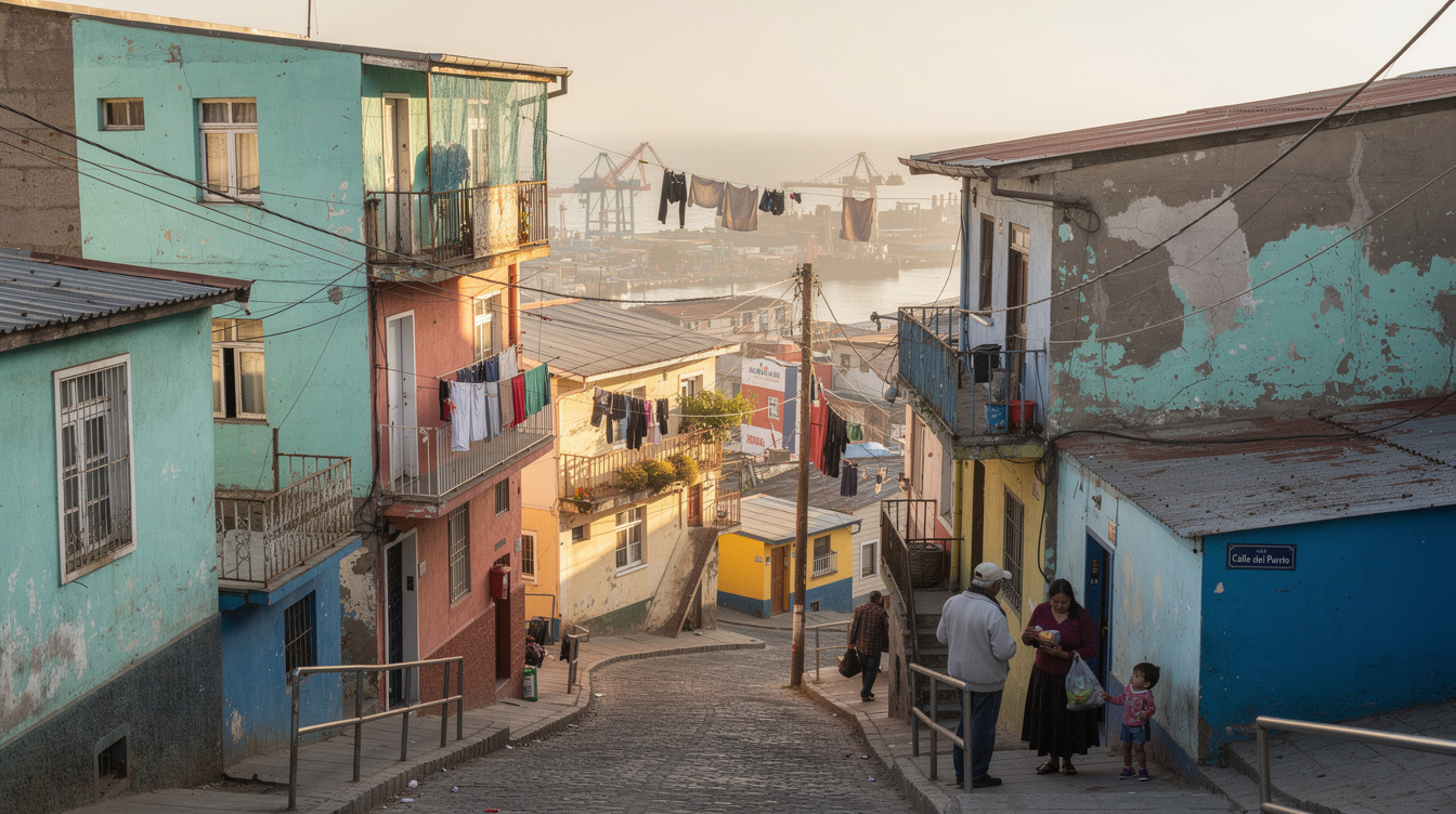 Colorful hillside houses and stairways in a Chilean port city